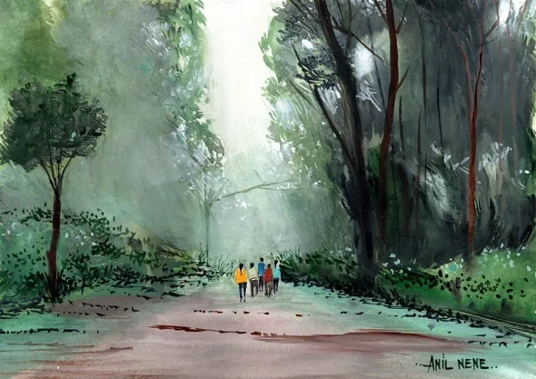 Morning Walk (ART-924-124526) - Handpainted Art Painting - 13in X 9in