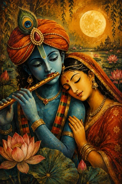 The Divine Radha Krishna (ART-3319-124338) - Handpainted Art Painting - 24in X 36in