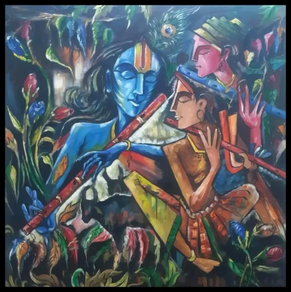 Divine Melody - Krishna And Radha (ART-16808-124145) - Handpainted Art Painting - 36in X 36in