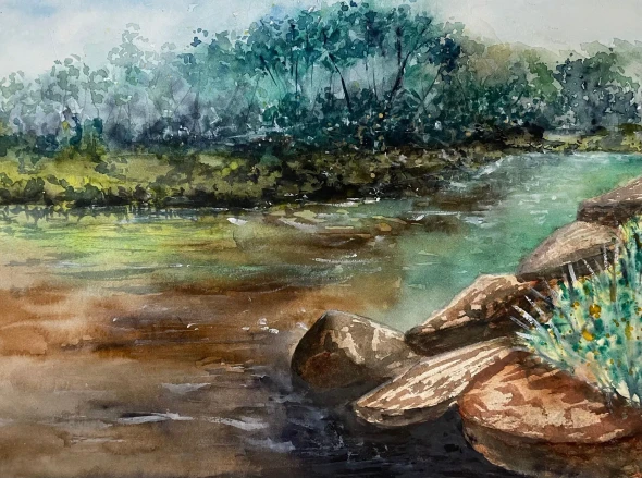 Riverbank Scene (PRT-8841-124349) - Canvas Art Print - 24in X 18in