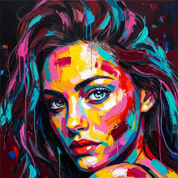 Vibrant Expressionist Female Portrait With Palette Knife Textures (PRT-15697-124191) - Canvas Art Print - 60in X 60in