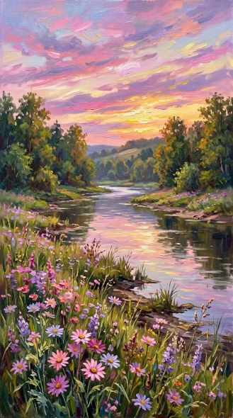 Whispering River Sunset Glow (PRT-16861-124463) - Canvas Art Print - 33in X 60in