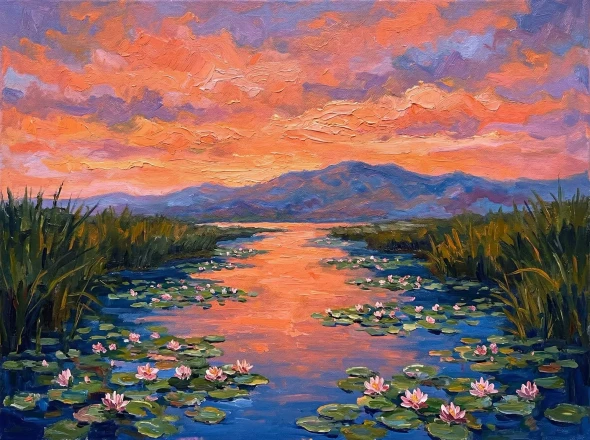 Twilight Upon The Lilies (PRT-15697-124599) - Canvas Art Print - 60in X 45in