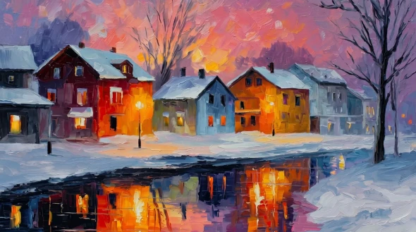 Twilight Village Reflections (PRT-15697-124566) - Canvas Art Print - 60in X 33in