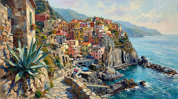 Sunlit Cliffs Of Manarola (PRT-15697-124653) - Canvas Art Print - 60in X 33in