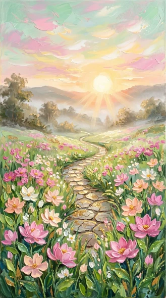 Golden Path Through Blossoms (PRT-16861-124477) - Canvas Art Print - 33in X 60in