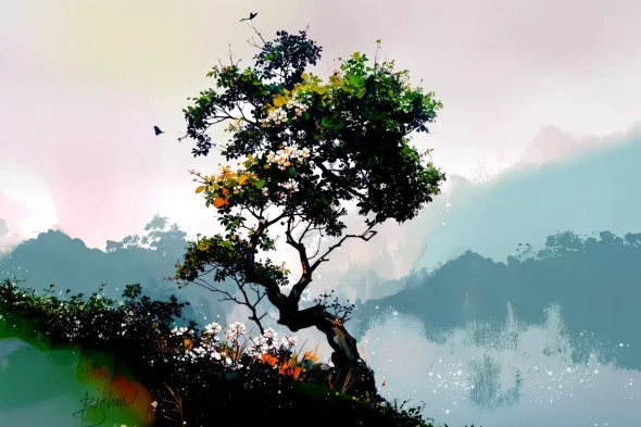 Blossoms In The Mist (PRT-18873-124330) - Canvas Art Print - 36in X 24in