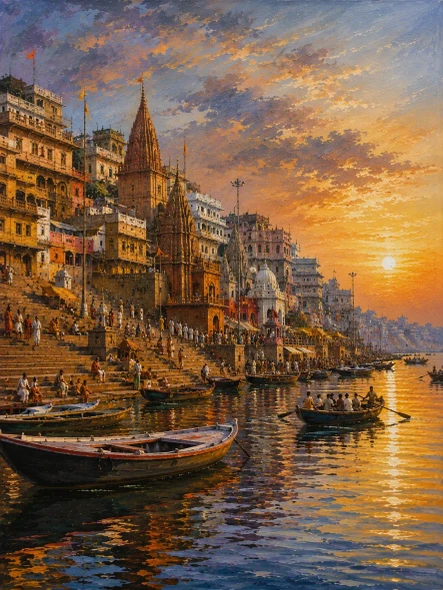 Banaras Ghat Painting (ART-3319-124322) - Handpainted Art Painting - 36in X 48in