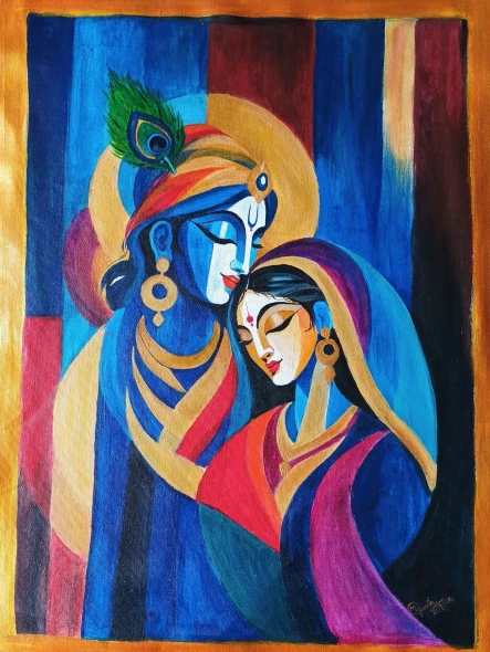 Radha Krishna Original Hand Painting (ART-18825-124682) - Handpainted Art Painting - 16in X 22in