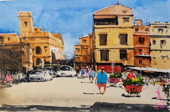 Cityscape (ART-7901-124685) - Handpainted Art Painting - 11in X 8in