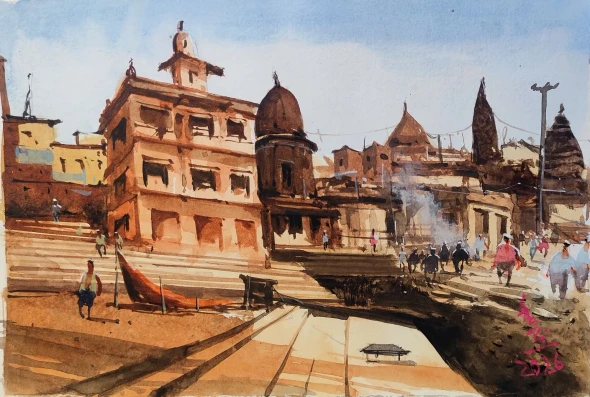 Benaras Ghat Series (ART-7901-124681) - Handpainted Art Painting - 11in X 8in