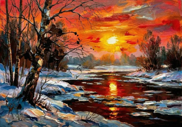 Crimson Horizon Over Ice (PRT-15697-124740) - Canvas Art Print - 60in X 42in