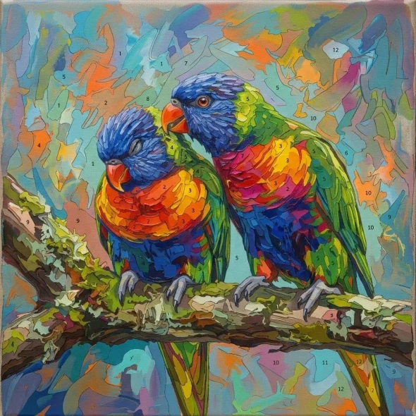 Chromatic Companions On The Bough (PRT-15697-124758) - Canvas Art Print - 60in X 60in
