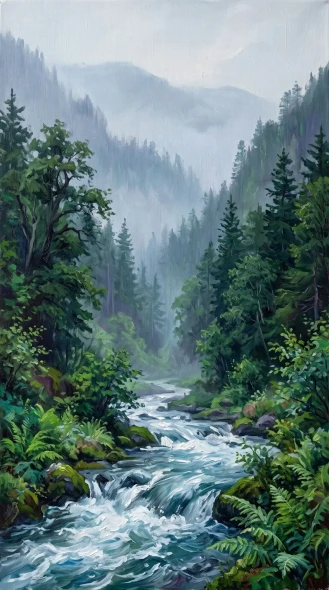 Whispering Pines And Torrent (PRT-16861-124450) - Canvas Art Print - 33in X 60in