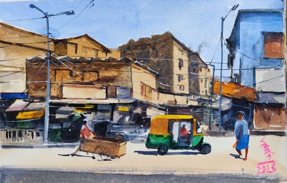 Cityscape (ART-7901-125122) - Handpainted Art Painting - 11in X 8in