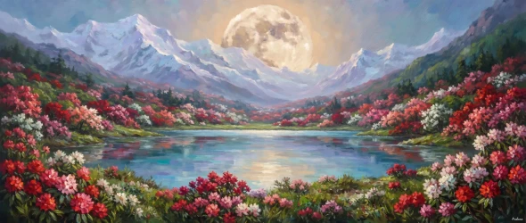 Supermoon Over Crimson Blossoms (PRT-15697-125073) - Canvas Art Print - 60in X 25in