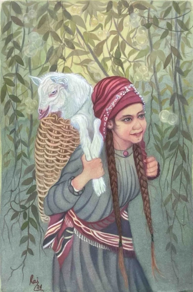 A Shepherd Girl Amidst Nature. (PRT-8729-125136) - Canvas Art Print - 20in X 30in