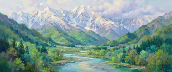 Spring Snow Alpine Valley (PRT-15697-125102) - Canvas Art Print - 60in X 25in