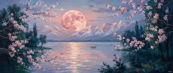 Pink Moon Over Nigeen (PRT-15697-125097) - Canvas Art Print - 60in X 25in