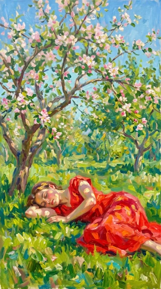 Recline Under Apple Blossoms (PRT-16861-125133) - Canvas Art Print - 33in X 60in