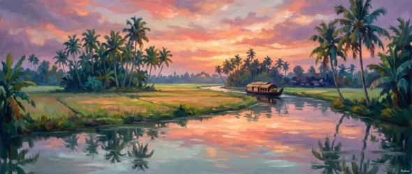 Golden Sunset Across Peaceful Backwaters (PRT-15697-125001) - Canvas Art Print - 60in X 25in
