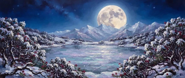 Winter Moonrise Over Brahmatal (PRT-15697-125043) - Canvas Art Print - 60in X 25in