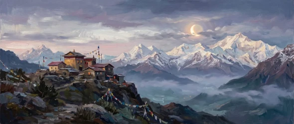 Sanctuary Beneath Moonlit Heights (PRT-15697-124861) - Canvas Art Print - 60in X 25in
