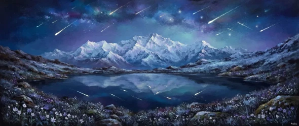 Meteors Over Samiti Lake (PRT-15697-125065) - Canvas Art Print - 60in X 25in