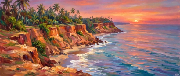 Radiant Sunset Over Varkala Sea Cliffs (PRT-15697-125002) - Canvas Art Print - 60in X 25in