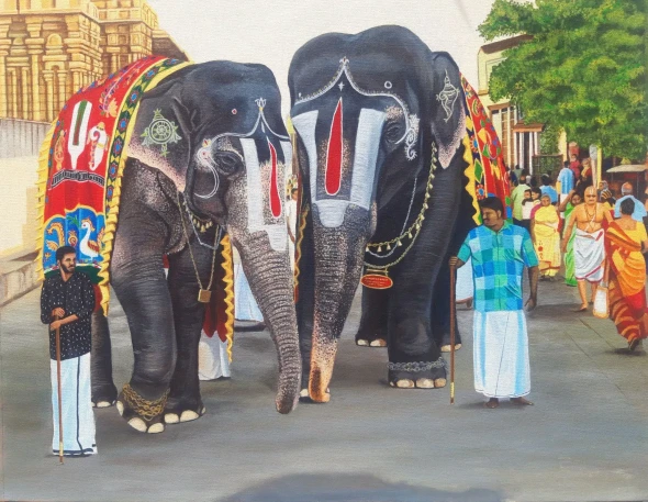 Sacred Procession Of Andal & Lakshmi (ART-17791-125374) - Handpainted Art Painting - 30in X 24in
