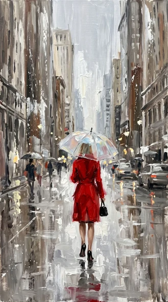 Crimson Stride In The Rain (PRT-15697-125281) - Canvas Art Print - 33in X 60in