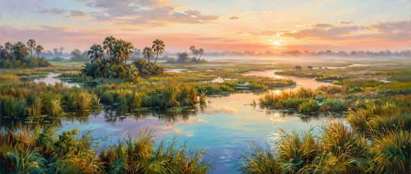 Dawn Across The Delta (PRT-15697-125502) - Canvas Art Print - 60in X 25in