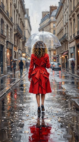 Crimson Stride Through The Rain (PRT-15697-125294) - Canvas Art Print - 33in X 60in