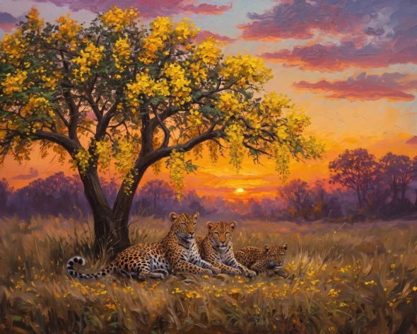 Leopards Under Yellow Canopy (PRT-15697-125191) - Canvas Art Print - 60in X 48in