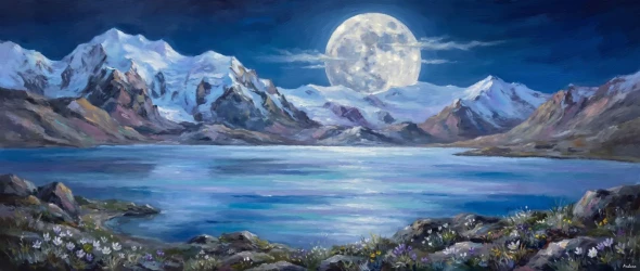 Silver Supermoon Over Gurudongmar (PRT-15697-125062) - Canvas Art Print - 60in X 25in