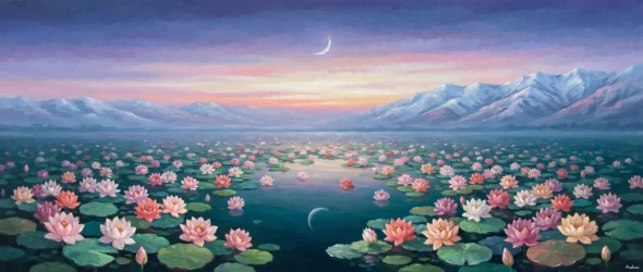 Lotuses Beneath The Crescent (PRT-15697-125032) - Canvas Art Print - 60in X 25in