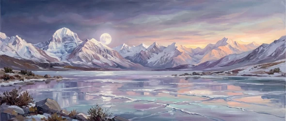 Moonset Ovet The Frozen Lake (PRT-15697-124938) - Canvas Art Print - 60in X 25in