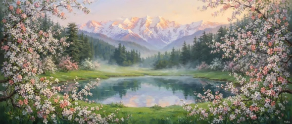 Khajjiar Apple Blossom Sunrise (PRT-15697-125056) - Canvas Art Print - 60in X 25in
