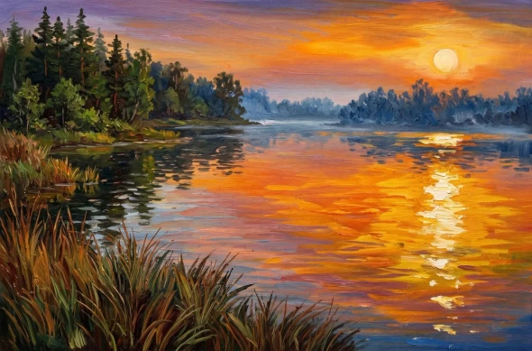 Golden Sunset Over Water (PRT-15697-125189) - Canvas Art Print - 60in X 40in