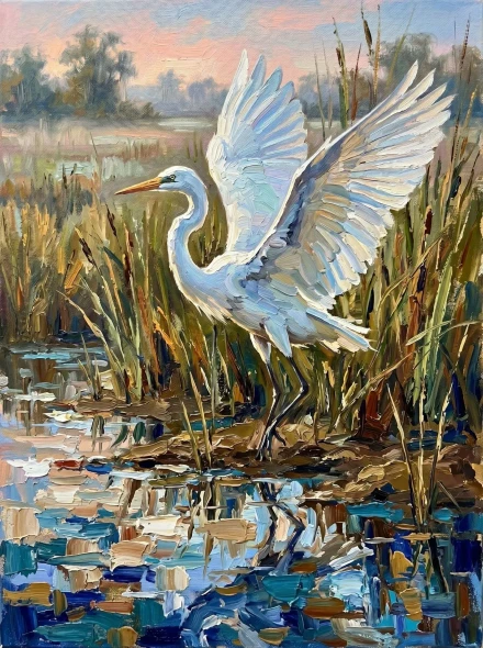 Egret In The Shifting Marsh (PRT-15697-125615) - Canvas Art Print - 45in X 60in