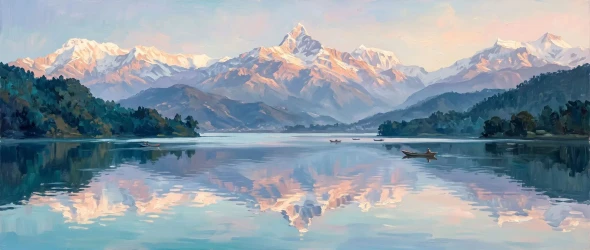 Tranquil Reflections Of Machapuchare (PRT-15697-125472) - Canvas Art Print - 60in X 25in