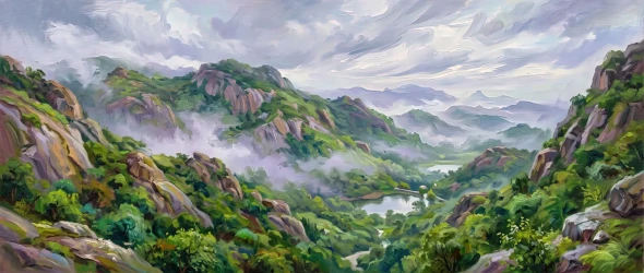 Monsoon Mist Across Mount Abu Aravallis (PRT-15697-125009) - Canvas Art Print - 60in X 25in