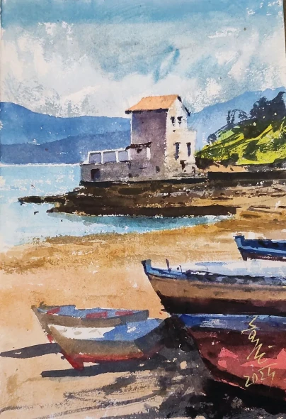 Boats (ART-7901-126331) - Handpainted Art Painting - 8in X 11in