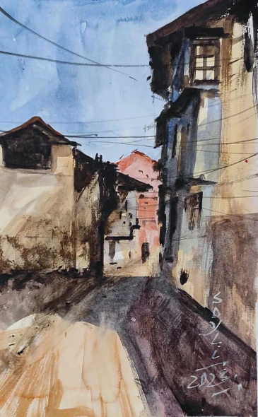 Village (ART-7901-126137) - Handpainted Art Painting - 8in X 11in