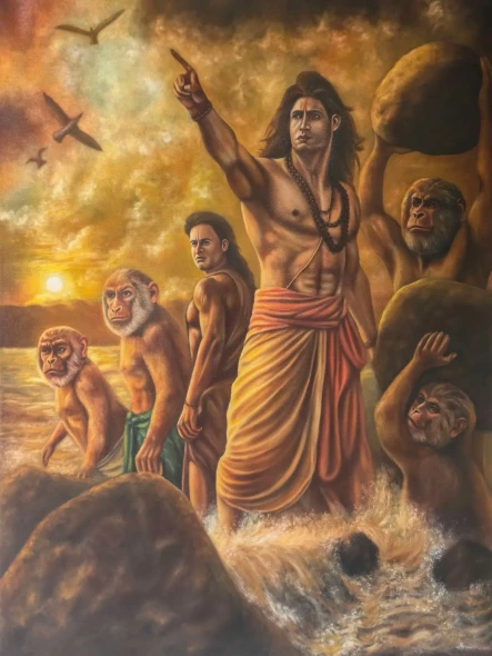 Sri Rama Setu (ART-19077-126315) - Handpainted Art Painting - 30in X 40in