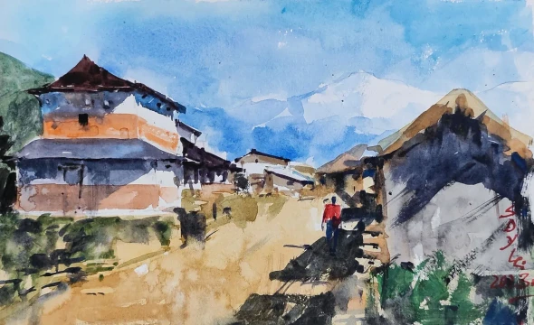 Village (ART-7901-126136) - Handpainted Art Painting - 11in X 8in