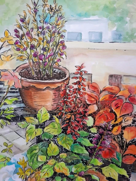 Flowers On A Terrace (ART-18775-126036) - Handpainted Art Painting - 9in X 12in