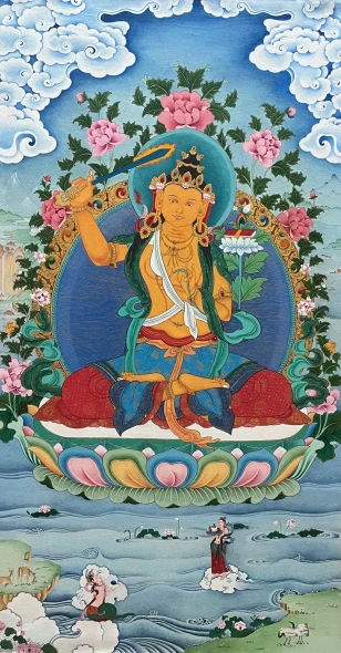 Manjushri (ART-8325-125974) - Handpainted Art Painting - 18in X 30in