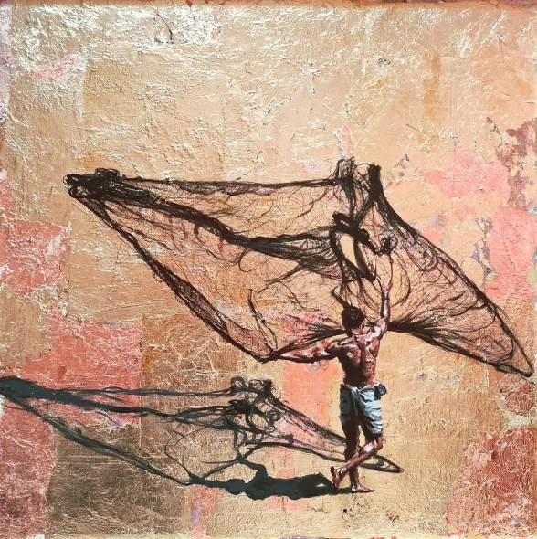 Golden Catch (ART-17609-125918) - Handpainted Art Painting - 24in X 24in