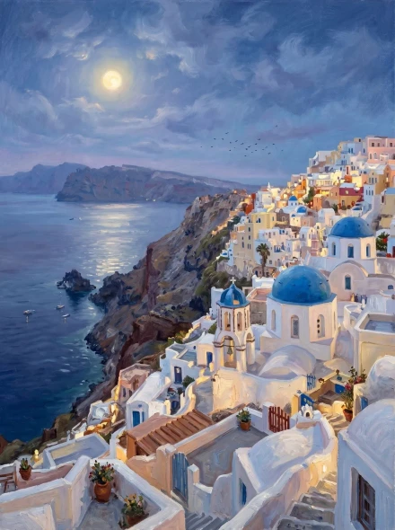 Santorini Lights At Dusk (PRT-15697-125601) - Canvas Art Print - 45in X 60in